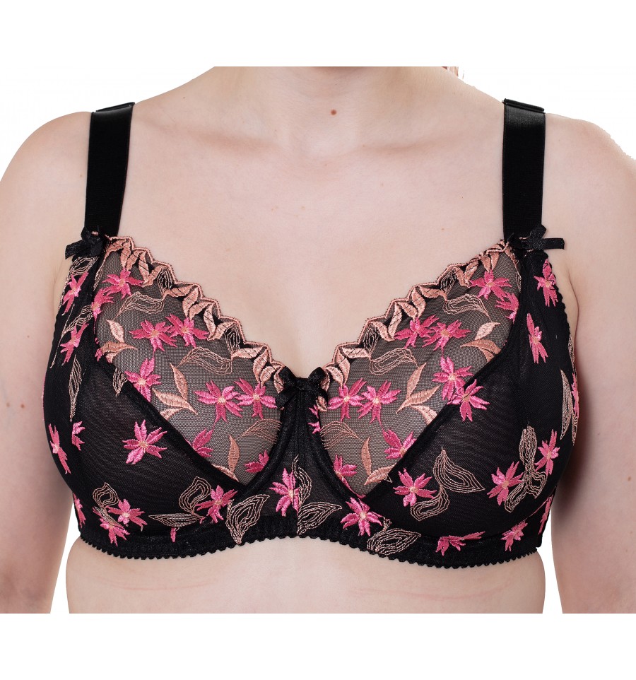 Ladies Luxury Black & Pink Full Cup Firm Hold Support Underwired Lace Bra Womens 