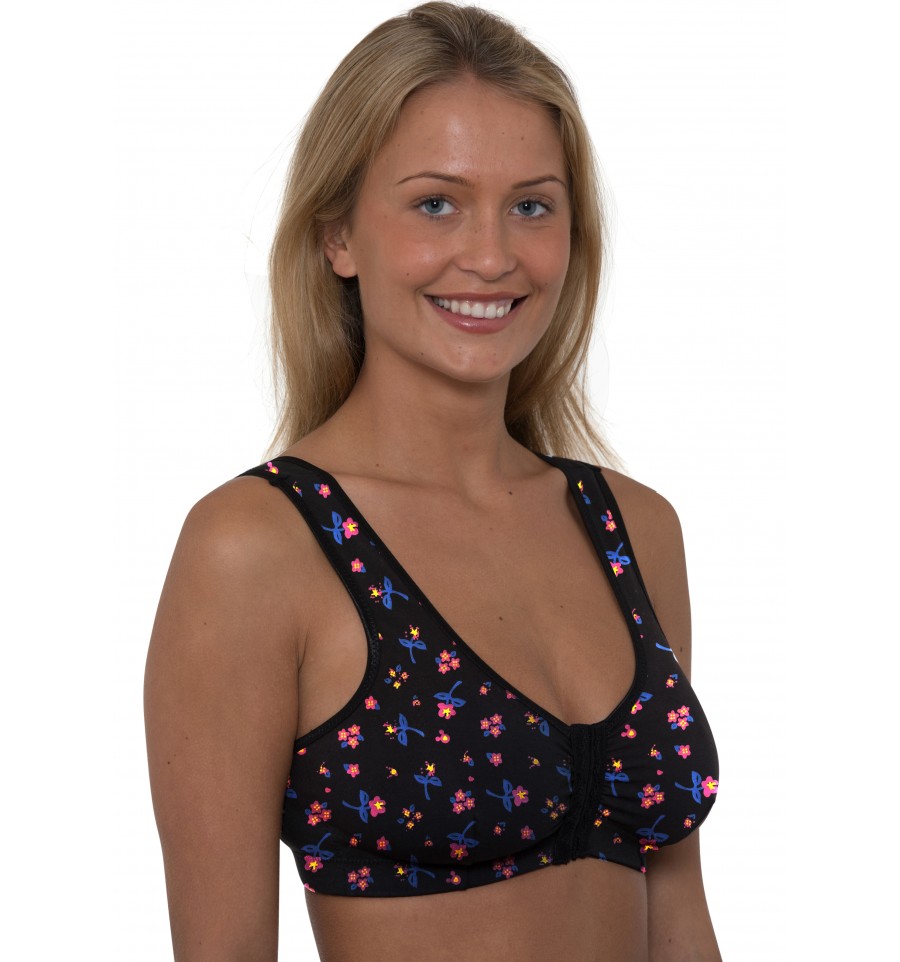 NEW LADIES COTTON RICH FLORAL PATTERN FRONT FASTENING BRA*NON WIRED/NON  PADDED*